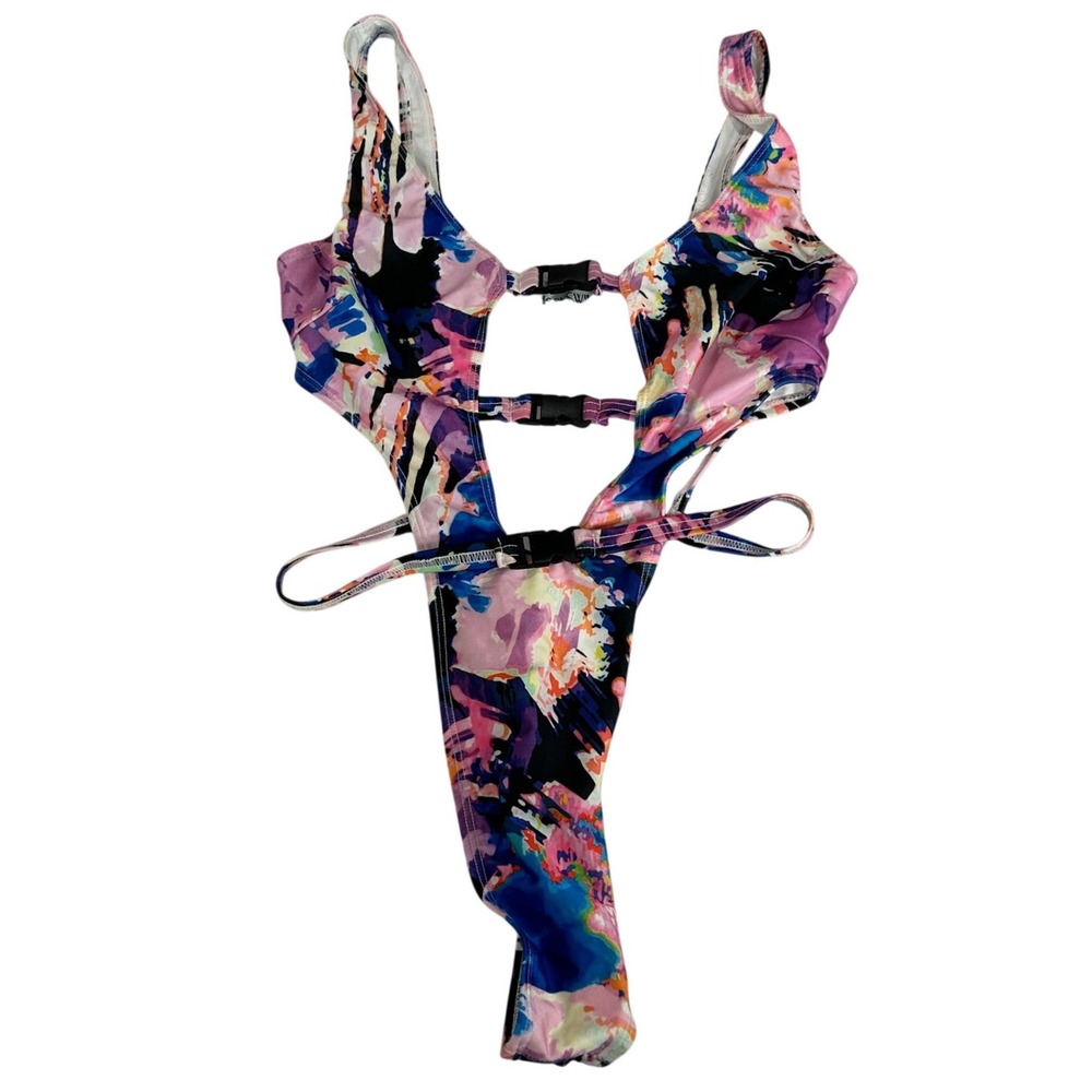 Icon Swim Womens Small Abstract Multi Color Buckle Cutout One Piece Swimsuit